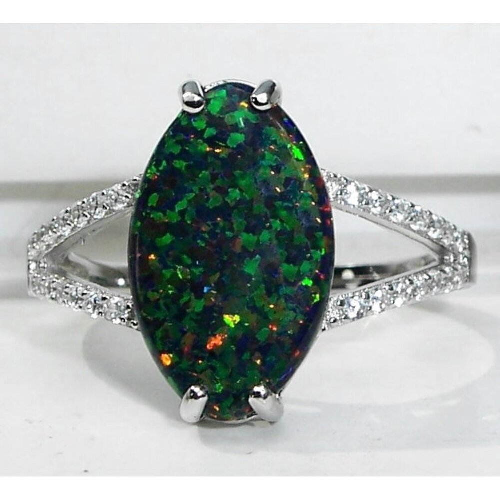925 Sterling Silver Marquise Lab Created Green Black Opal CZ Ring - Picture 15 of 16